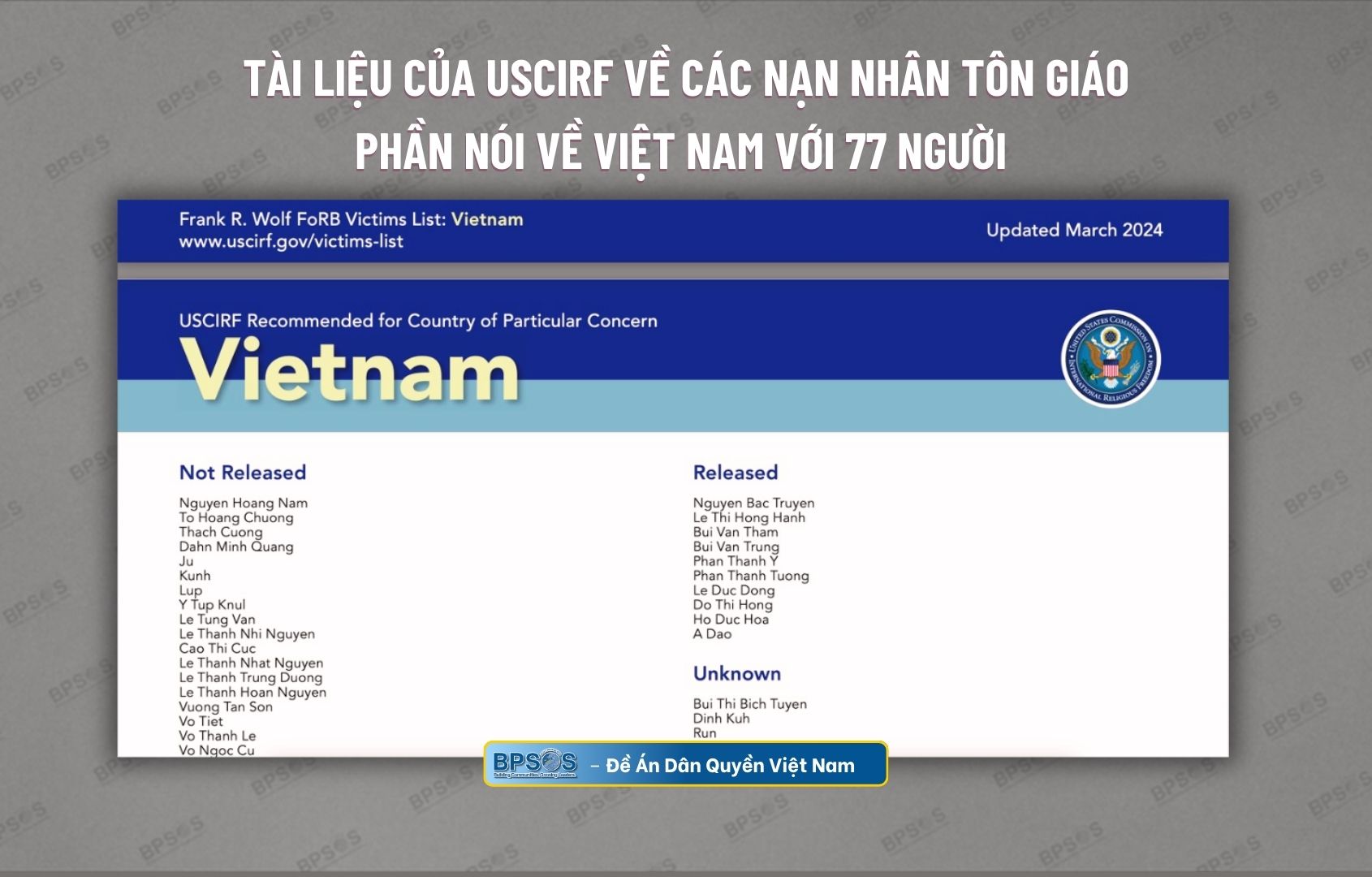 Ủy Hội Hoa Kỳ về Tự Do Tôn Giáo Quốc Tế - USCIRF thực hiện buổi nói chuyện với học viên khóa học thường niên của BPSOS